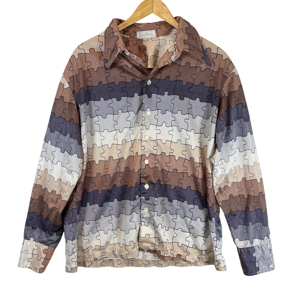 Vintage Jacobsons Shirt Mens XL Brown Purple Puzzle Piece Button Up Made in USA